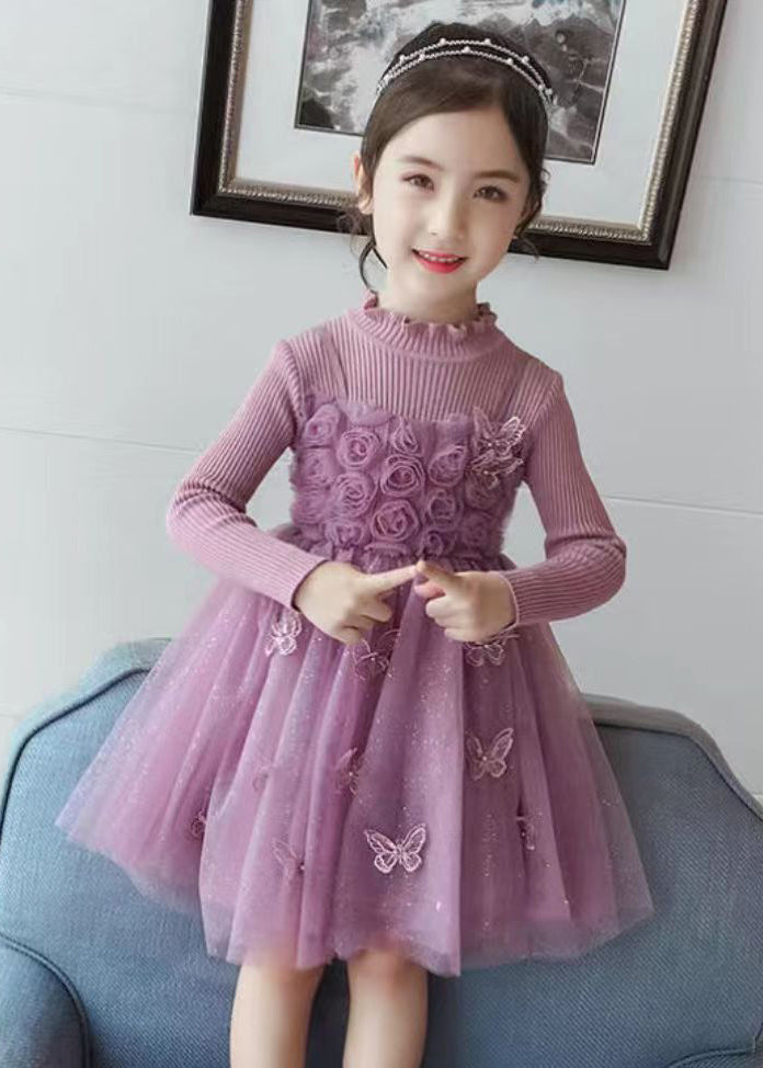 DIY Purple Butterfly Embroideried Floral Patchwork Tulle Girls Long Dresses Fall