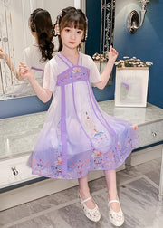 DIY Purple Embroideried Tassel Tulle Girls Long Dresses Summer