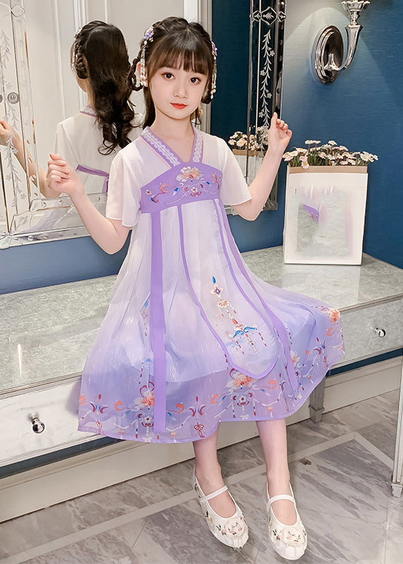 DIY Purple Embroideried Tassel Tulle Girls Long Dresses Summer