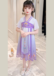 DIY Purple Embroideried Tassel Tulle Girls Long Dresses Summer