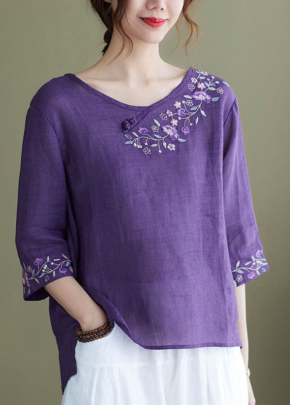 DIY purple crane Embroidered side open Half Sleeve Top