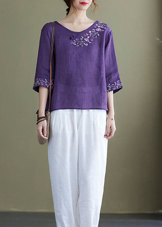 DIY purple-cashew pattern Embroideried side open Half Sleeve Top