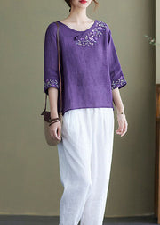 DIY purple-cashew pattern Embroideried side open Half Sleeve Top