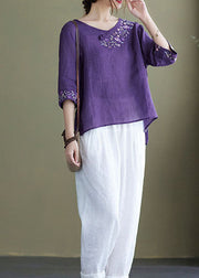 DIY purple crane Embroidered side open Half Sleeve Top