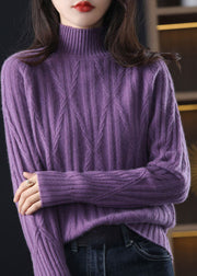 DIY Purple High Neck Thick Wool Cable Knitted Tops Winter