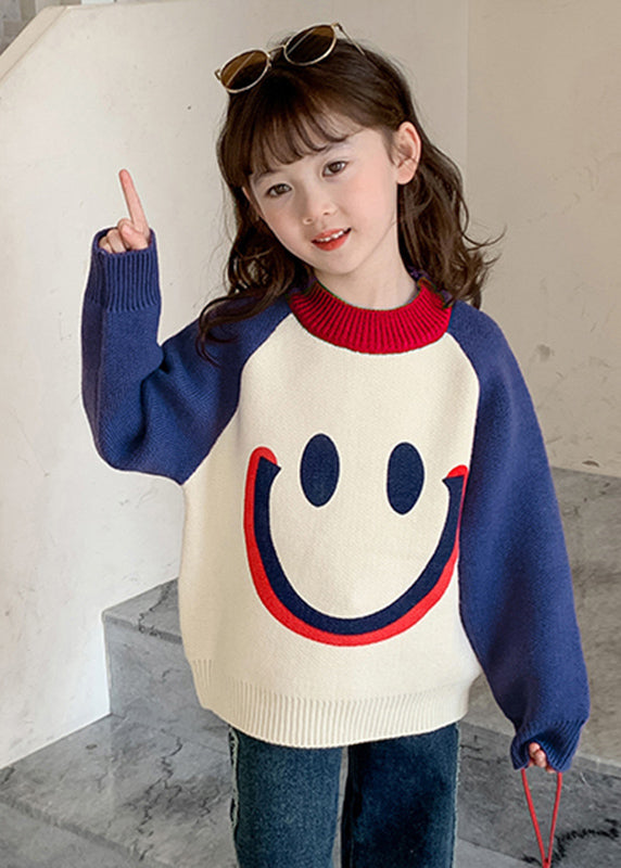 DIY Purple Smiling Face O-Neck Thick Cotton Knit Kids Sweater Winter