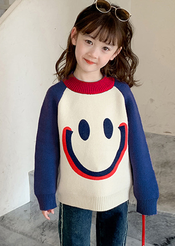 DIY Purple Smiling Face O-Neck Thick Cotton Knit Kids Sweater Winter