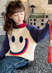 DIY Purple Smiling Face O-Neck Thick Cotton Knit Kids Sweater Winter