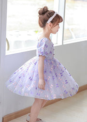 DIY Purple Square Collar Wrinkled Print Patchwork Tulle Baby Girls Dresses Summer