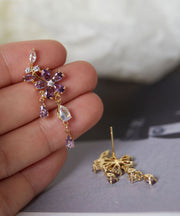 DIY Purple Sterling Silver Floral Zircon Tassel Drop Earrings