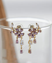 DIY Purple Sterling Silver Floral Zircon Tassel Drop Earrings