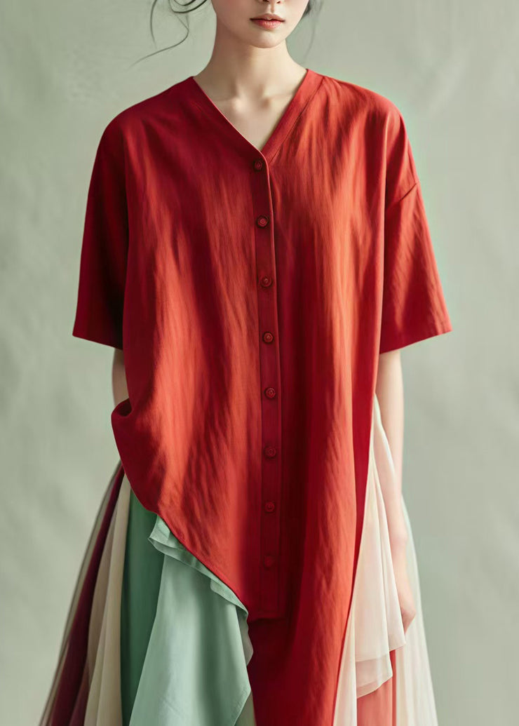 DIY Red Asymmetrical Oversized Cotton Shirt Tops Summer