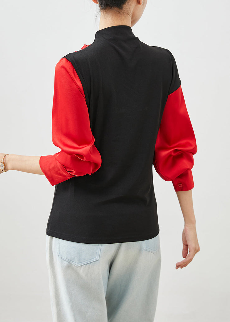 DIY Red Asymmetrical Patchwork Cotton Shirt Tops Batwing Sleeve