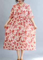 DIY Red Ruffled Print Linen Holiday Dress Half Sleeve