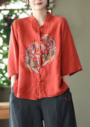 DIY Red Stand Collar Embroideried Linen Shirts Long Sleeve