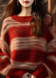 DIY Red Stand Collar Striped Patchwork Cotton Knit Sweater Fall