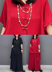 DIY Red V Neck Asymmetrical Solid Shirts And Wide Leg Pants Two Piece Set Spring