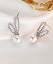 DIY Silk Sterling Silver Zircon Pearl Little Rabbit Stud Earrings