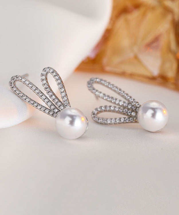 DIY Silk Sterling Silver Zircon Pearl Little Rabbit Stud Earrings