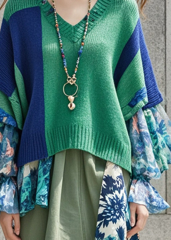 DIY Tea Green Oversized Patchwork Print Knit Sweater Tops Fall