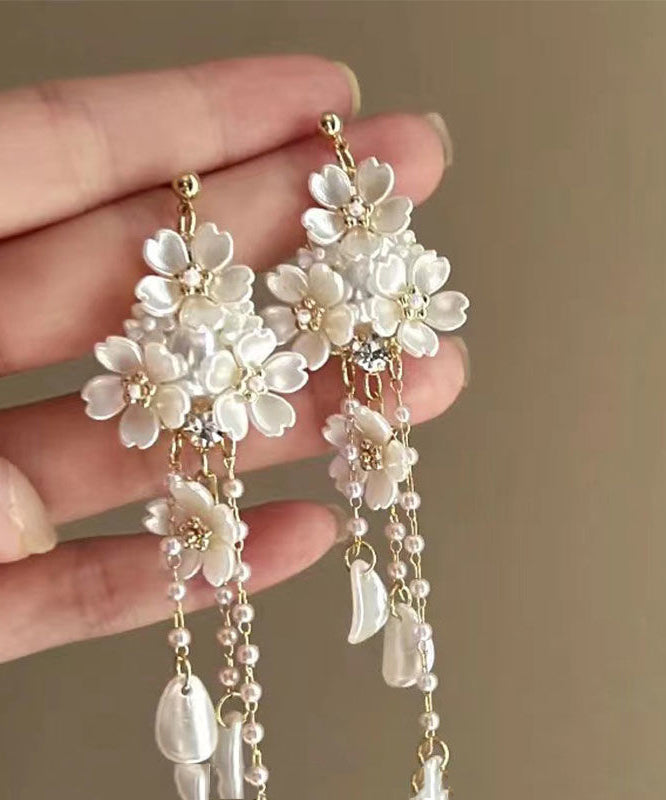 DIY White Alloy Pearl Floral Tassel Drop Earrings