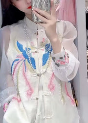 DIY White Embroideried Button Chiffon Waistcoat And Shirts Two Piece Set