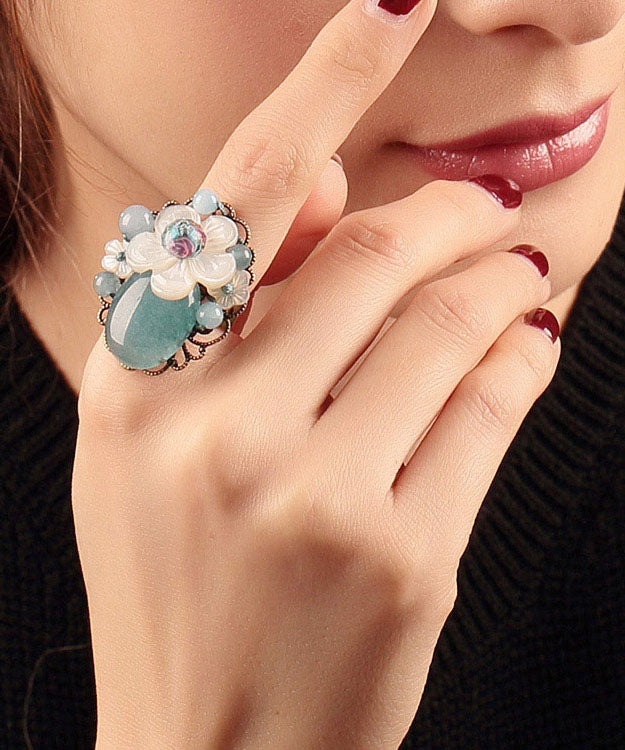 DIY White Jade Coloured Glaze Shell Flower Adjustable Rings