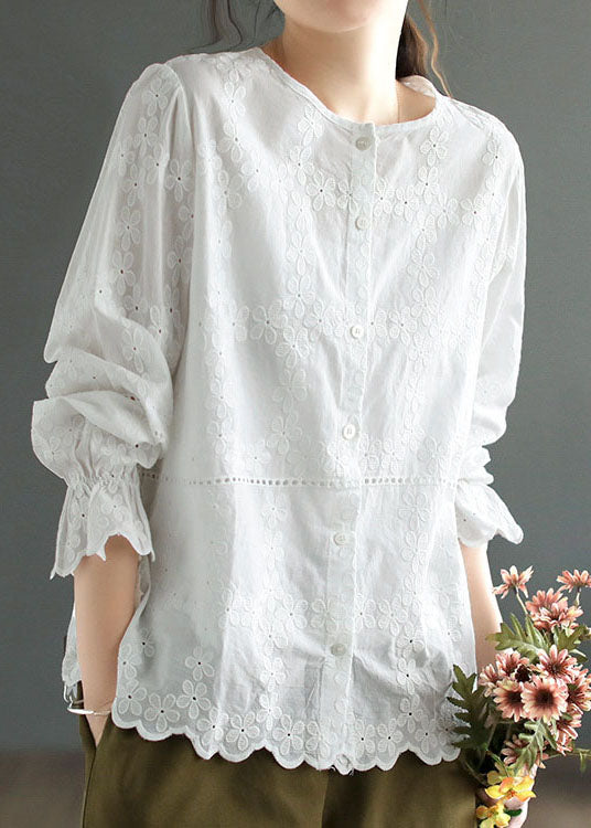 DIY White O Neck Patchwork Embroideried Cotton Blouses Spring