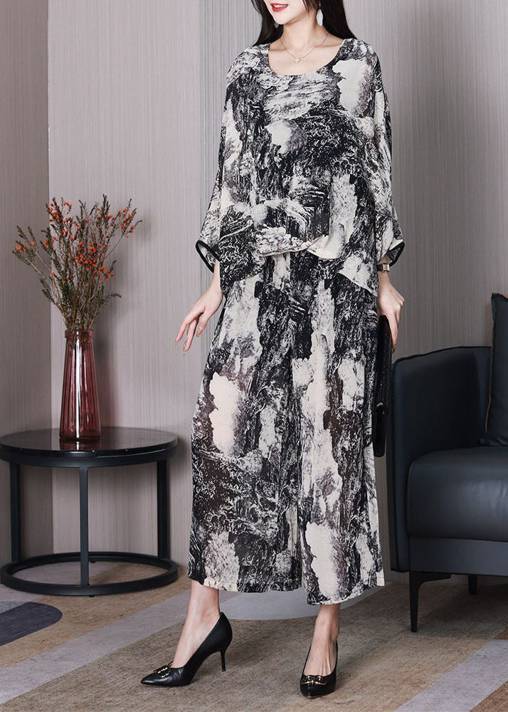 DIY White Oversized Ink Printing Chiffon Two Pieces Set Batwing Sleeve