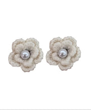 DIY White Pearl Knitting Wool Floral Stud Earrings