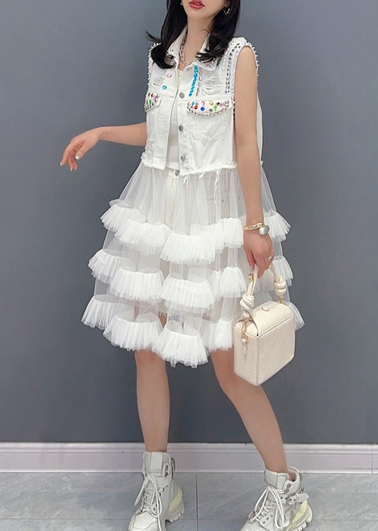 DIY White Peter Pan Collar Print Waistcoat Patchwork Tulle Party Mid Dress Sleeveless