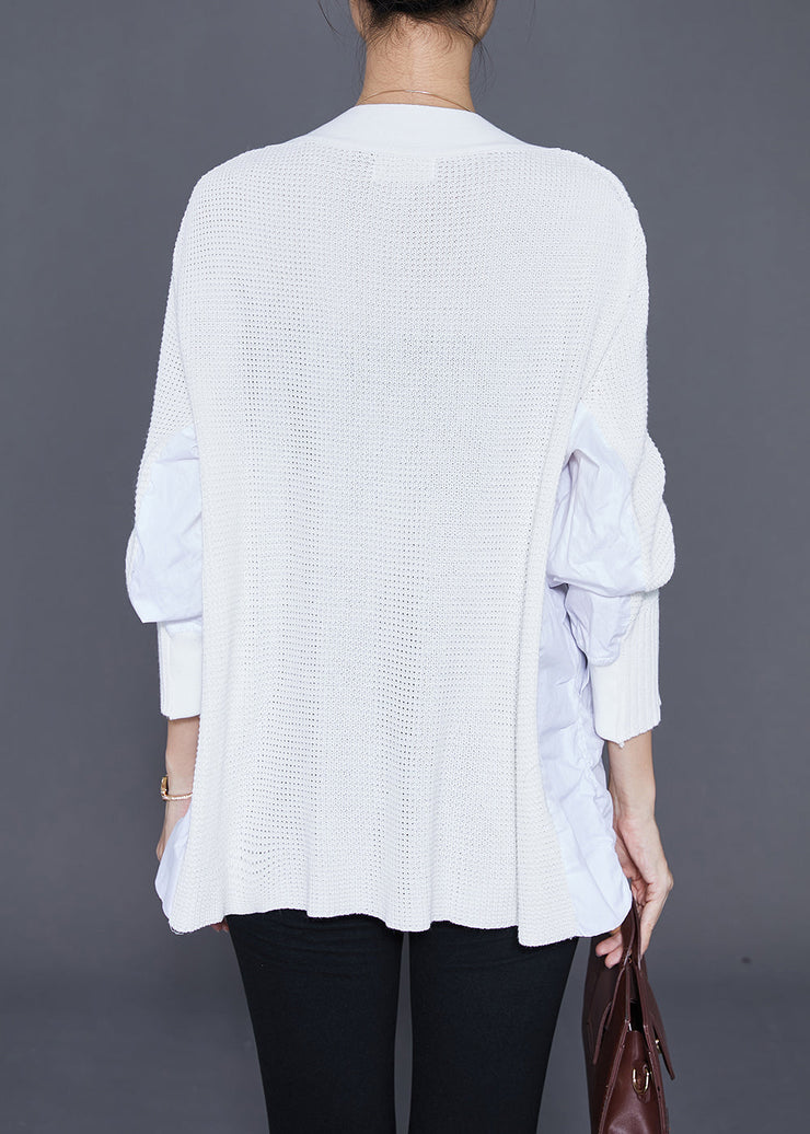 DIY White V Neck Patchwork Wrinkled Knit Top Fall