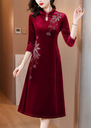 DIY Wine Red Embroidered Slim Silk Velour Long Dress Fall