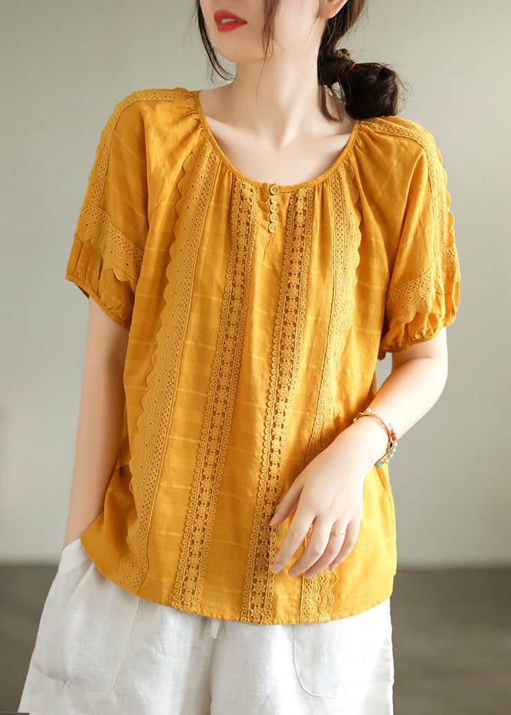 DIY Yellow Lace Patchwork Cotton Shirts Short Sleeve