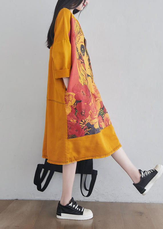 DIY Yellow O Neck Cartoon Print Cotton Long Dress Spring