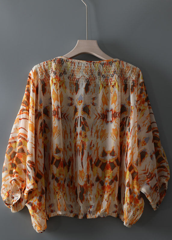 DIY Yellow O Neck Print Patchwork Chiffon Top Spring