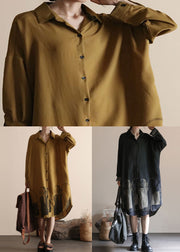 DIY Yellow Peter Pan Collar Patchwork Linen Shirts Dresses Spring