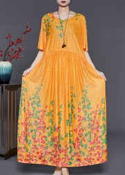 DIY Yellow Print Exra Large Hem Silk Long Dress Summer