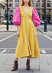 DIY Yellow Puff Sleeve Patchwork Corduroy Holiday Dress Spring