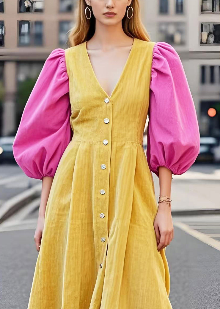 DIY Yellow Puff Sleeve Patchwork Corduroy Holiday Dress Spring