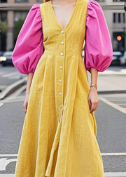 DIY Yellow Puff Sleeve Patchwork Corduroy Holiday Dress Spring