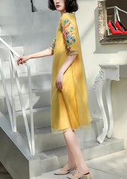 DIY Yellow Stand Collar Embroideried Button Tulle Silk Dress Long Sleeve