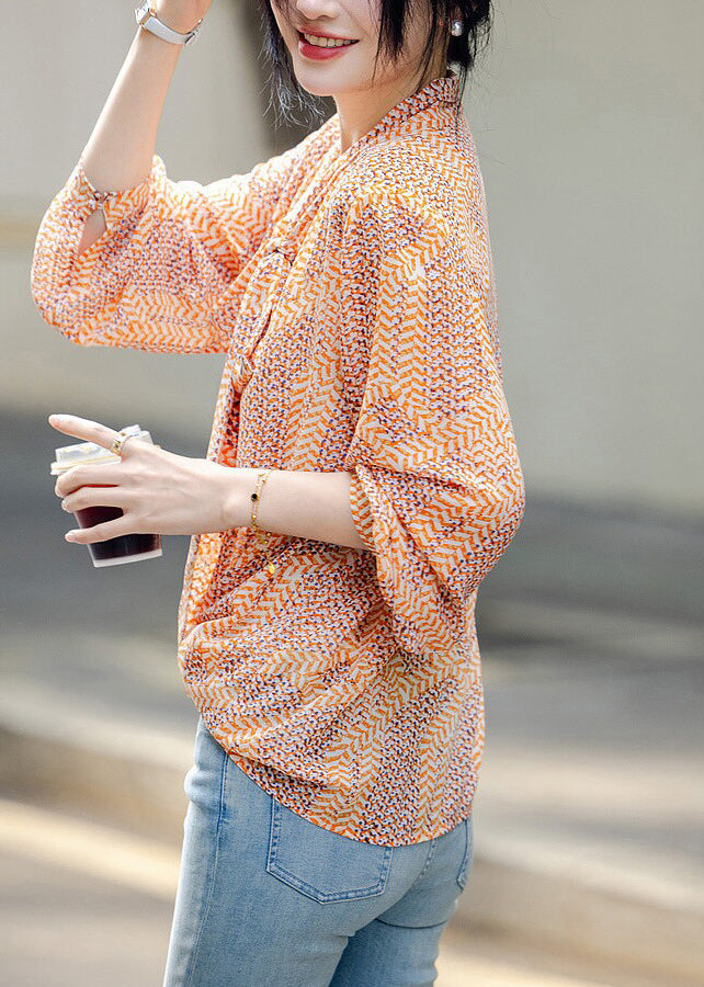 DIY Yellow V Neck Print Chiffon Top Fall