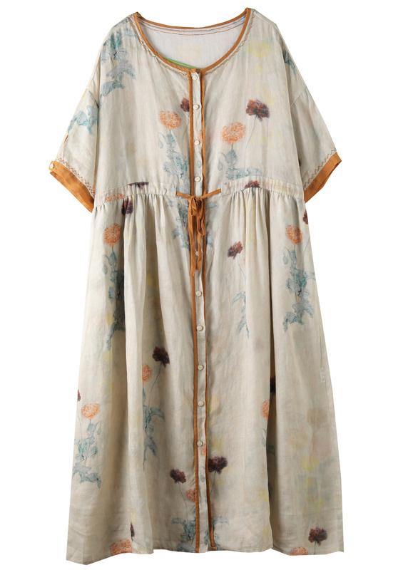 DIY floral linen Long Shirts o neck drawstring Robe summer Dresses - bagstylebliss