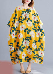 DIY o neck pockets linen cotton dress Tunic Tops yellow print Dresses - bagstylebliss