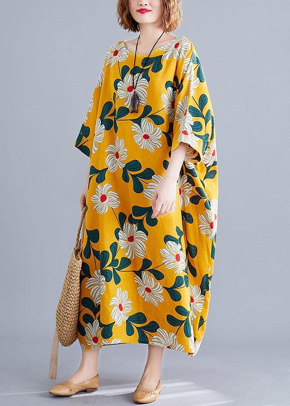 DIY o neck pockets linen cotton dress Tunic Tops yellow print Dresses - bagstylebliss