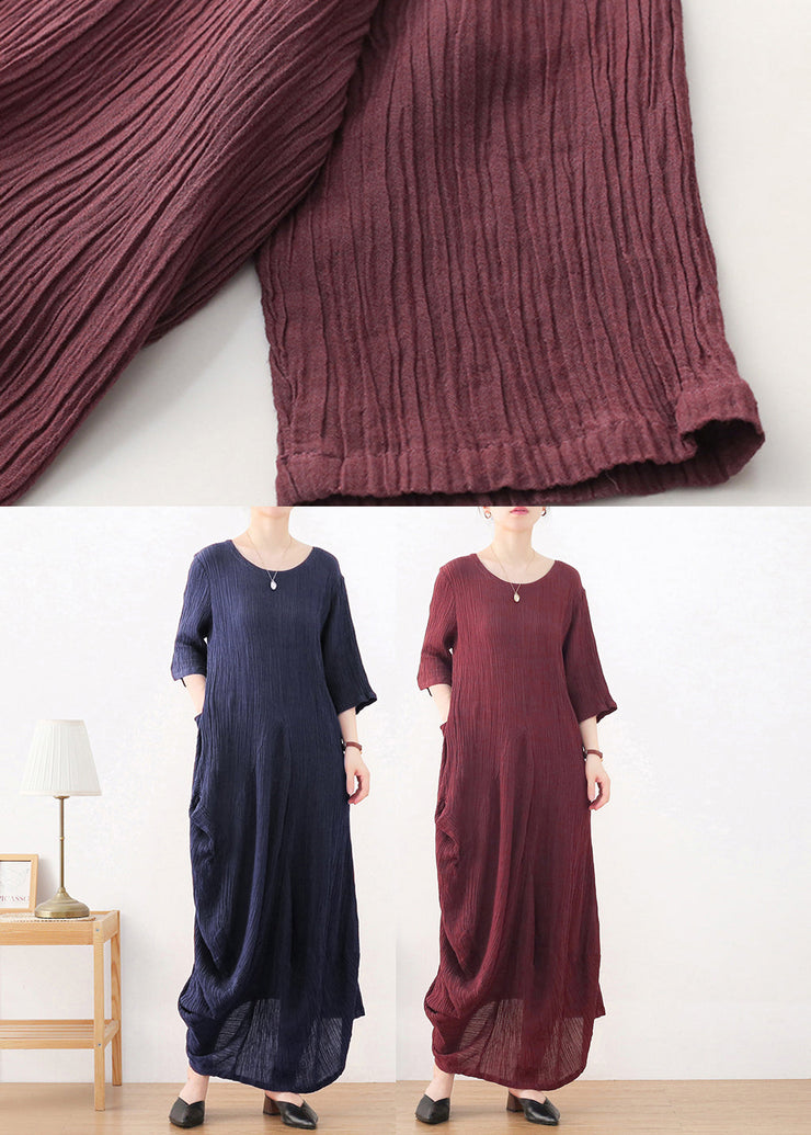 Dark Blue O-Neck Asymmetrical Linen Dress Long Sleeve