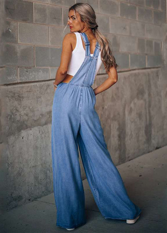 Dark Blue Pockets Patchwork Denim Wide Leg Jumpsuits Summer