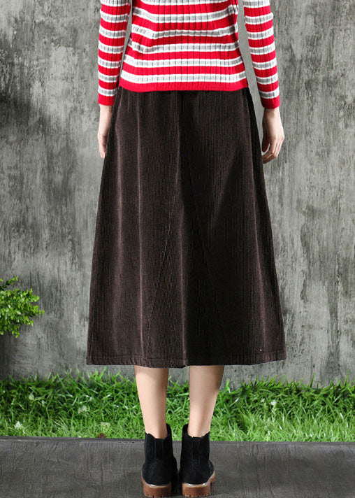 Dark Brown Corduroy Skirts Elastic Waist Button Solid Winter