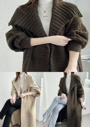 Dark Brown Loose Knit Cardigans Peter Pan Collar Design Fall